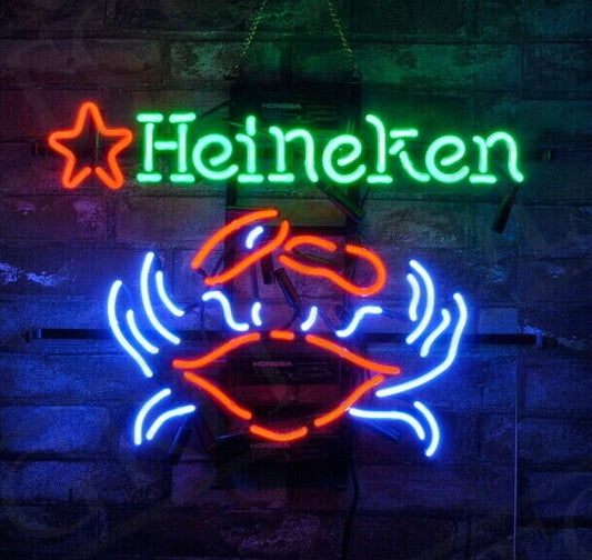 Light Up Heineken Beer Crab Restaurant Sign - Vintage style Handmade Glass Neon Lamps - Bar/Business Logo decor 19"x15"