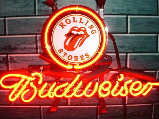 Light Up Budweiser Rolling Stones Sign - Vintage style Handmade Glass Neon Lamps - Bar/Business Logo decor 17"x14"