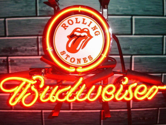 Light Up Budweiser Rolling Stones Sign - Vintage style Handmade Glass Neon Lamps - Bar/Business Logo decor 20"x16"