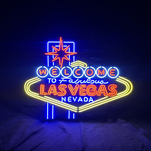 Light Up Welcome to Las Vegas Sign - Vintage style Handmade Glass Neon Lamps - Bar/Business Logo decor 32"x25"