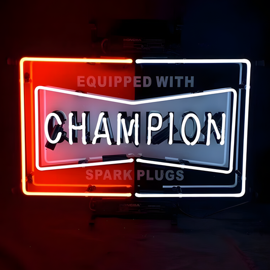 Light Up Equipped With Champion Spark Plugs Sign - Vintage style Handmade Glass Neon Lamps - Bar/Business Logo decor 18"