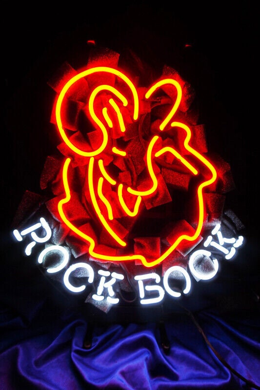 Light Up ROCK BOCK Beer Brew Neon Sign - Vintage style Handmade Glass Neon Lamps - Bar/Business Logo decor 17"x14"