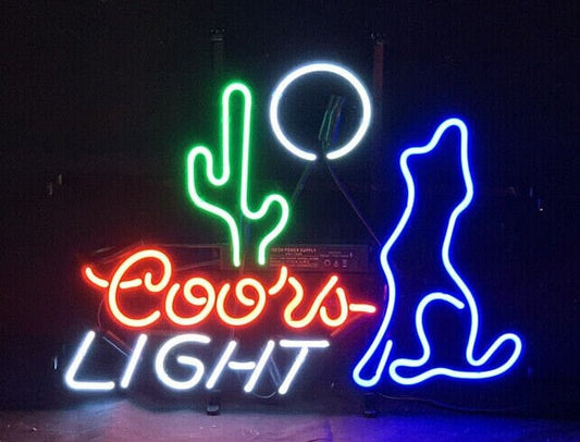 Light Up Coors Light Beer Cactus Coyote Wolf Howling Moon Sign - Vintage style Handmade Glass Neon Lamps - Bar/Business Logo decor 20"x16"