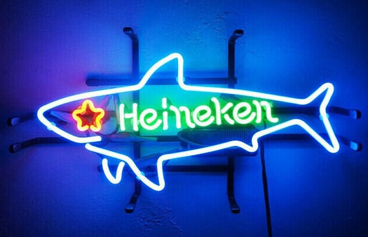 Light Up Heineken Shark Beer Sign - Vintage style Handmade Glass Neon Lamps - Bar/Business Logo decor 19"x9"