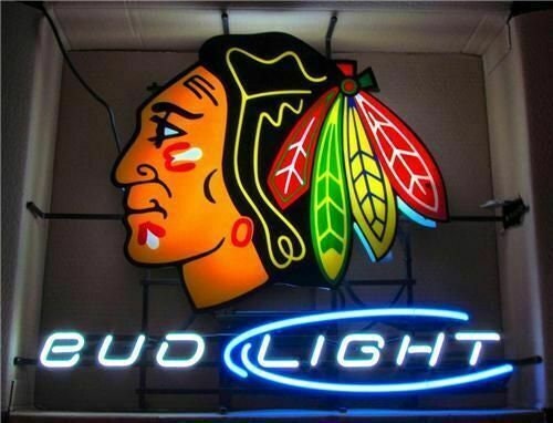 Light Up Bud Light Blackhawks Hockey Sign - Vintage style Handmade Glass Neon Lamps - Bar/Business Logo decor 19"x15"