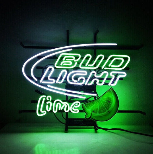 Light Up Bud Light Lime Sign - Vintage style Handmade Glass Neon Lamps - Bar/Business Logo decor 19"x15"