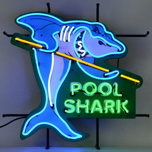 Light Up Pool Shark Fish Billiards Sign - Vintage style Handmade Glass Neon Lamps - Bar/Business Logo decor 17"x14"