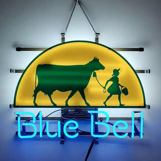 Light Up Blue Bell Ice Cream Sign - Vintage style Handmade Glass Neon Lamps - Bar/Business Logo decor 19"