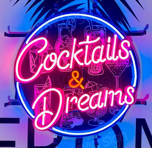 Light Up Cocktails And Dreams Martini Sign - Vintage style Handmade Glass Neon Lamps - Bar/Business Logo decor 17"