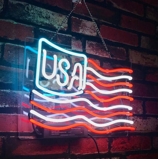 Light Up American Flag USA Stripes Sign - Vintage style Handmade Glass Neon Lamps - Bar/Business Logo decor 12"x8.5"