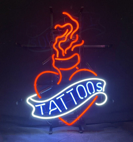 Light Up Tattoos Heart Sign - Vintage style Handmade Glass Neon Lamps - Bar/Business Logo decor 19"x15"