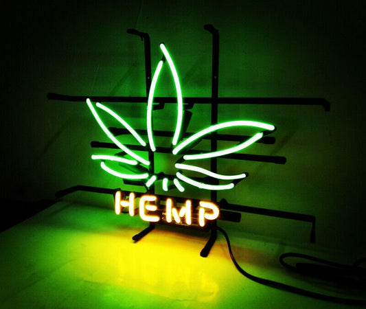 Light Up HEMP Green Weed Leaf Sign - Vintage style Handmade Glass Neon Lamps - Bar/Business Logo decor 16"