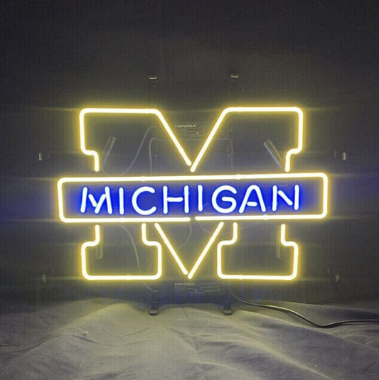 Light Up Michigan M Blue Sign - Vintage style Handmade Glass Neon Lamps - Bar/Business Logo decor 19"