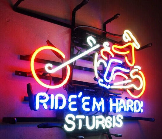 Light Up Ride'Em Hard Sturgis Motorcycle Sign - Vintage style Handmade Glass Neon Lamps - Bar/Business Logo decor 19"x15"