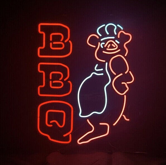 Light Up Pig BBQ Chef Sign - Vintage style Handmade Glass Neon Lamps - Bar/Business Logo decor 15"x19"