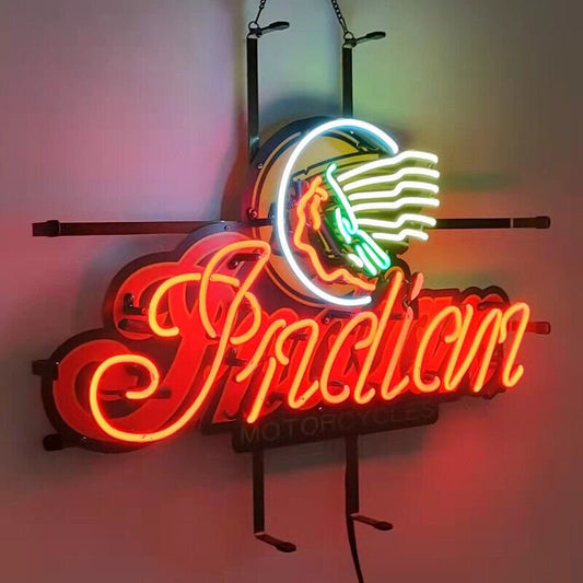 Light Up Indian Motorcycles Sign - Vintage style Handmade Glass Neon Lamps - Bar/Business Logo decor 24"x20"