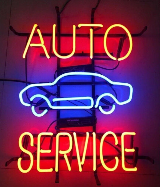 Light Up Auto Car Service Sign - Vintage style Handmade Glass Neon Lamps - Bar/Business Logo decor 17"x14"