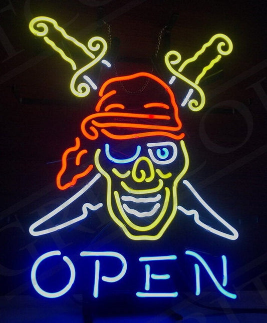 Light Up Pirate Sword OPEN Sign - Vintage style Handmade Glass Neon Lamps - Bar/Business Logo decor 19"x15"