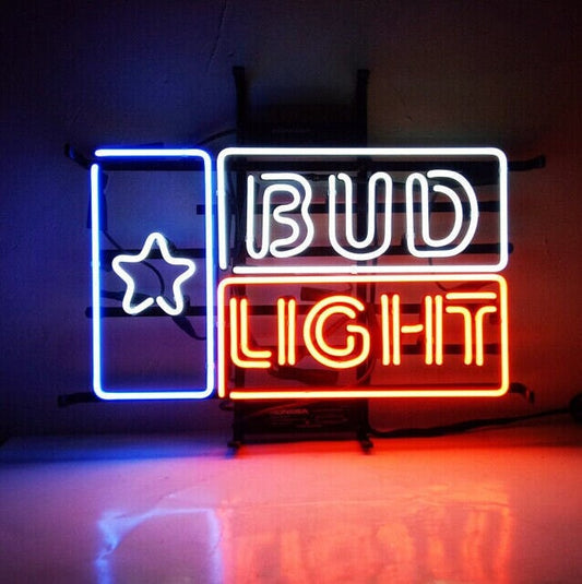 Light Up Bud Light Star Flag Sign - Vintage style Handmade Glass Neon Lamps - Bar/Business Logo decor 17"x14"