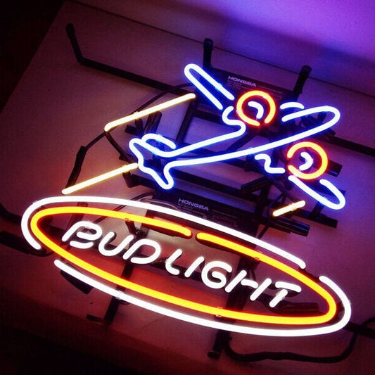 Light Up Bud Light Airplane Sign - Vintage style Handmade Glass Neon Lamps - Bar/Business Logo decor 19"x15"