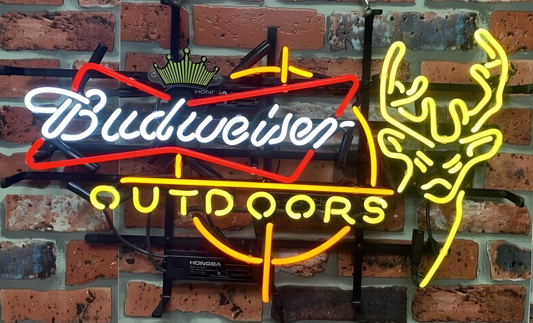 Light Up Budweiser Outdoors Deer Buck Head Sign - Vintage style Handmade Glass Neon Lamps - Bar/Business Logo decor 20"x16"