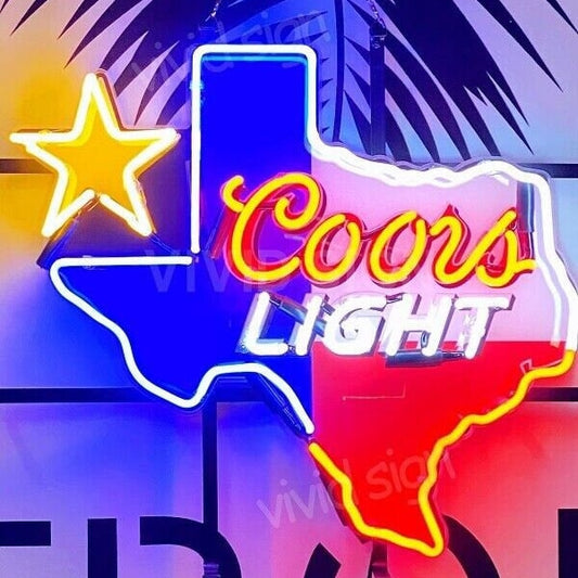 Light Up Coors Light Beer Texas Lone Star Sign - Vintage style Handmade Glass Neon Lamps - Bar/Business Logo decor 17"x16"