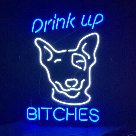 Light Up Drink Up B**ches Spuds Mackenzie Sign - Vintage style Handmade Glass Neon Lamps - Bar/Business Logo decor 17"