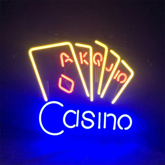 Light Up Casino Poker Cards Sign - Vintage style Handmade Glass Neon Lamps - Bar/Business Logo decor 17"x14"