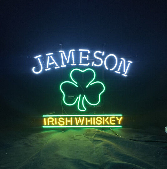 Light Up Jameson Irish Whiskey Clover Sign - Vintage style Handmade Glass Neon Lamps - Bar/Business Logo decor 24"