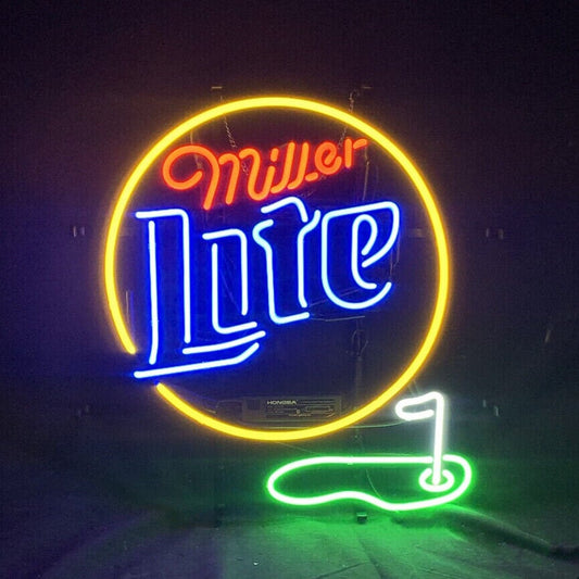 Light Up Miller Lite Golf Sign - Vintage style Handmade Glass Neon Lamps - Bar/Business Logo decor 20"x16"