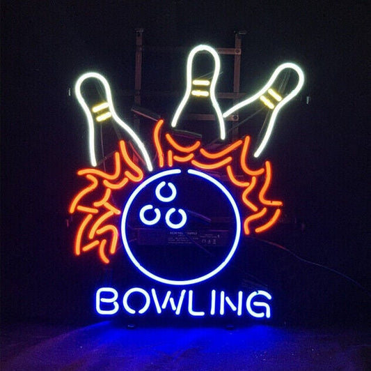 Light Up Bowling Game Room Sign - Vintage style Handmade Glass Neon Lamps - Bar/Business Logo decor 15"x19"