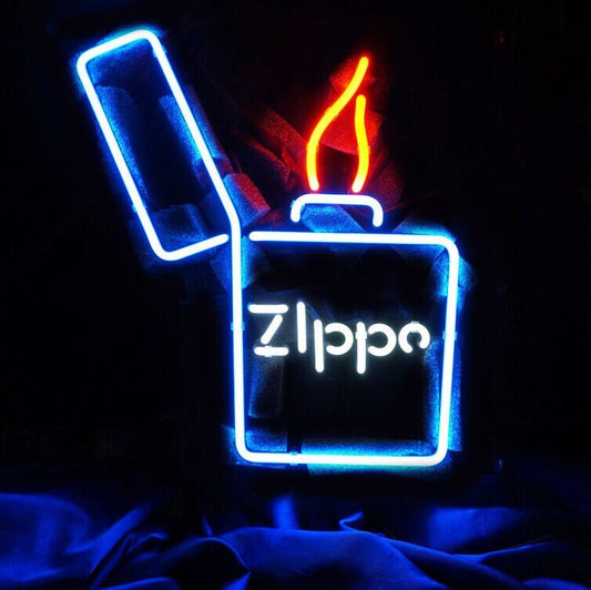 Light Up Zippo Lighter Sign - Vintage style Handmade Glass Neon Lamps - Bar/Business Logo decor 19"x15"