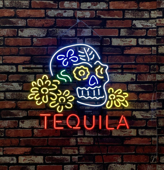 Light Up Tequila Sugar Skull Sign - Vintage style Handmade Glass Neon Lamps - Bar/Business Logo decor 24"