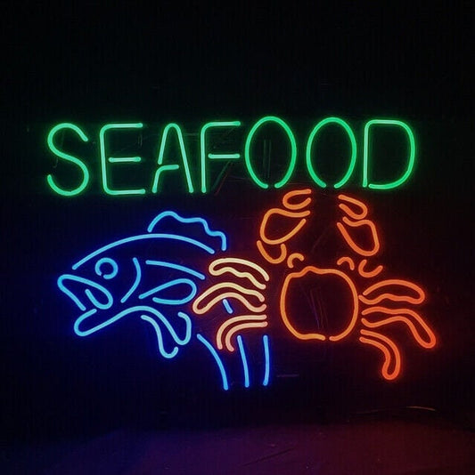 Light Up Seafood Fish Crab Sign - Vintage style Handmade Glass Neon Lamps - Bar/Business Logo decor 24"