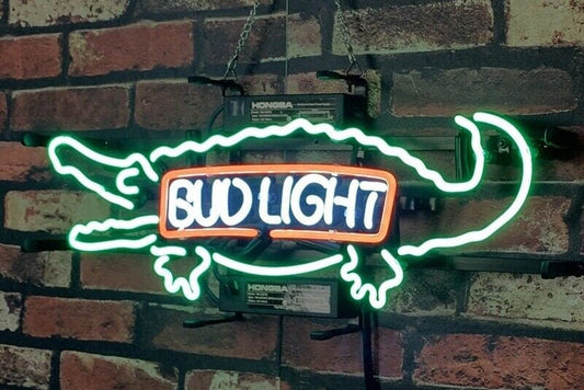 Light Up Bud Light Crocodile Gator Sign - Vintage style Handmade Glass Neon Lamps - Bar/Business Logo decor 19"x10"