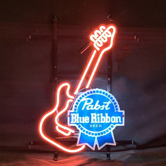 Light Up Pabst Blue Ribbon Guitar Sign - Vintage style Handmade Glass Neon Lamps - Bar/Business Logo decor 17"