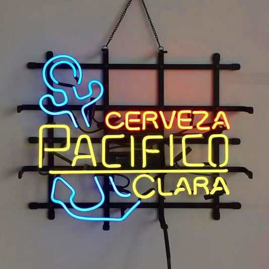 Light Up Mexico Cerveza Pacifico Beer Anchor Sign - Vintage style Handmade Glass Neon Lamps - Bar/Business Logo decor 19"