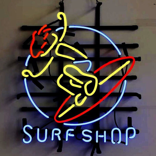 Light Up Surf Shop Surfer Board Sign - Vintage style Handmade Glass Neon Lamps - Bar/Business Logo decor 19"x15"