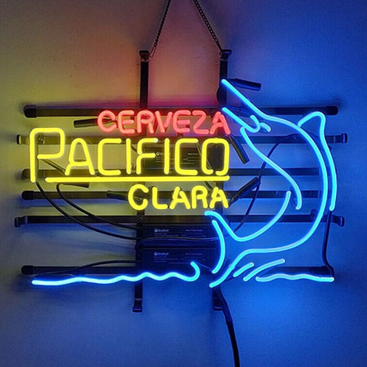 Light Up Cerveza Pacifico Beer Dolphin Sign - Vintage style Handmade Glass Neon Lamps - Bar/Business Logo decor 19"x15"