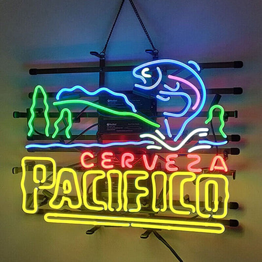 Light Up Cerveza Pacifico Beer Fish Sign - Vintage style Handmade Glass Neon Lamps - Bar/Business Logo decor 19"x15"