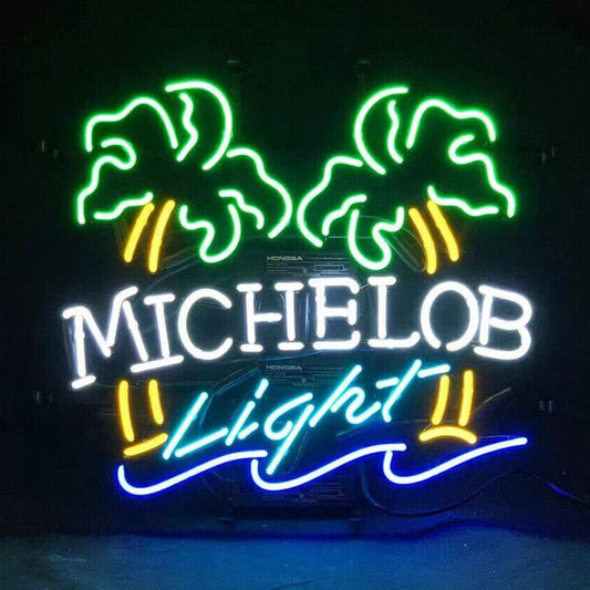 Light Up Michelob Light Palm Tree Beer Sign - Vintage style Handmade Glass Neon Lamps - Bar/Business Logo decor 19"