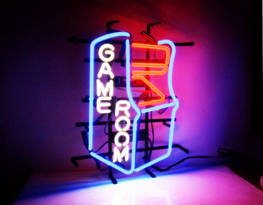 Light Up Game Room Arcade Machine Sign - Vintage style Handmade Glass Neon Lamps - Bar/Business Logo decor 18"x14"