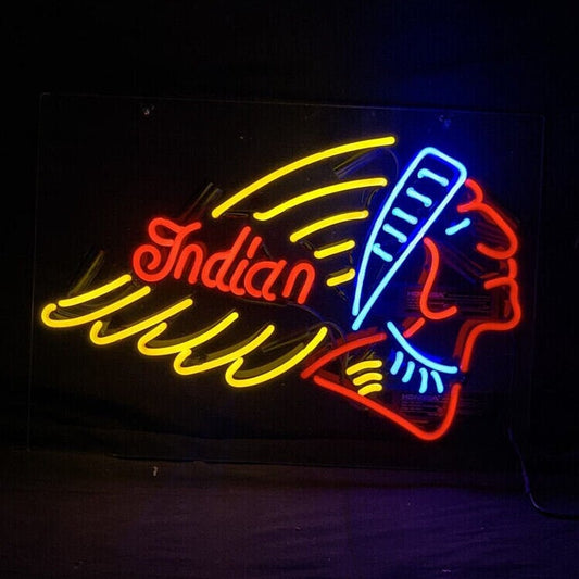 Light Up Indian Motorcycles Sign - Vintage style Handmade Glass Neon Lamps - Bar/Business Logo decor 19"x15"