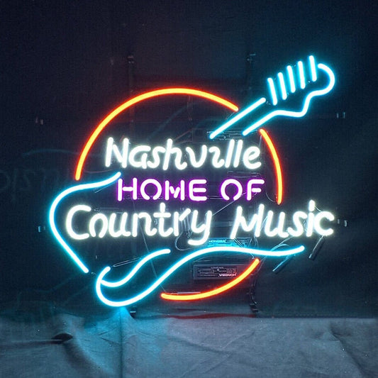 Light Up Guitar Nashville Home Of Country Music Sign - Vintage style Handmade Glass Neon Lamps - Bar/Business Logo decor 24"x20"