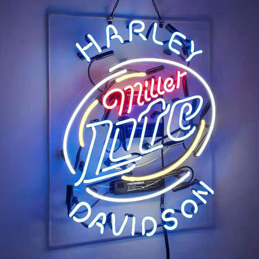 Light Up Miller Lite Beer Harley Davidson Motorcycles Sign - Vintage style Handmade Glass Neon Lamps - Bar/Business Logo decor 19"x15"