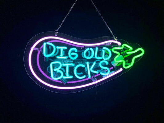 Light Up Dig Old Bicks Eggplant Emoji Sign - Vintage style Handmade Glass Neon Lamps - Bar/Business Logo decor 17"