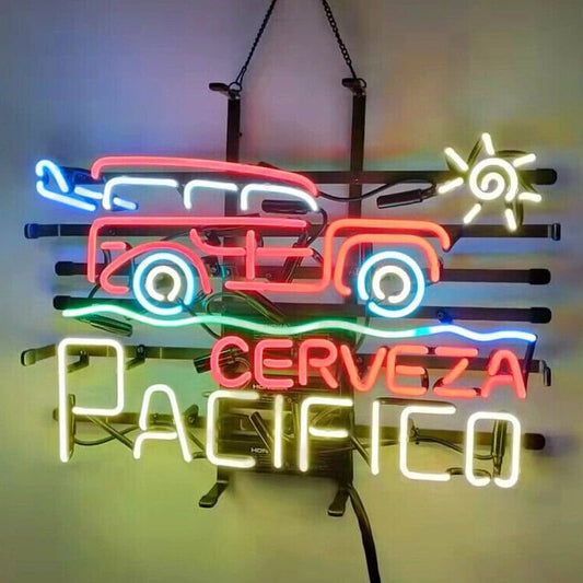 Light Up Cerveza Pacifico Woody Wagon Sign - Vintage style Handmade Glass Neon Lamps - Bar/Business Logo decor 19"x15"