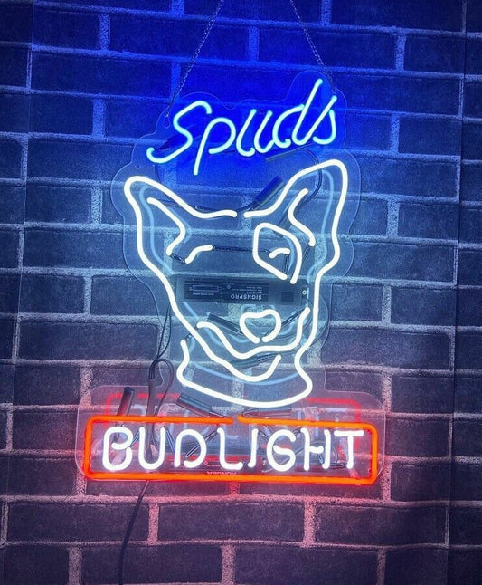 Light Up Spuds Mackenzie Bud Light Beer Sign - Vintage style Handmade Glass Neon Lamps - Bar/Business Logo decor 17"