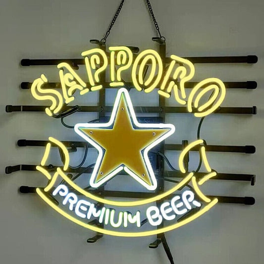 Light Up Sapporo Japanese Premium Beer Sign - Vintage style Handmade Glass Neon Lamps - Bar/Business Logo decor 19"x15"