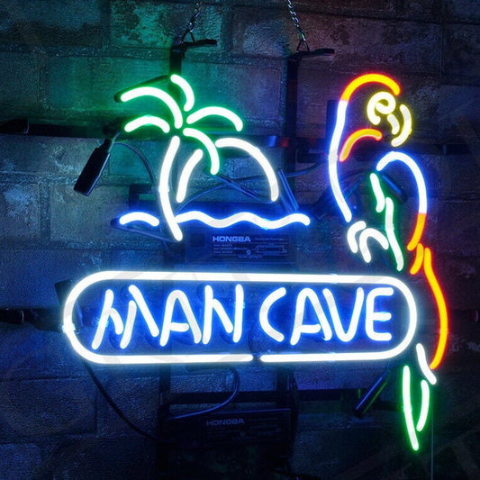 Light Up Man Cave Palm Tree Parrot Sign - Vintage style Handmade Glass Neon Lamps - Bar/Business Logo decor 17"x14"